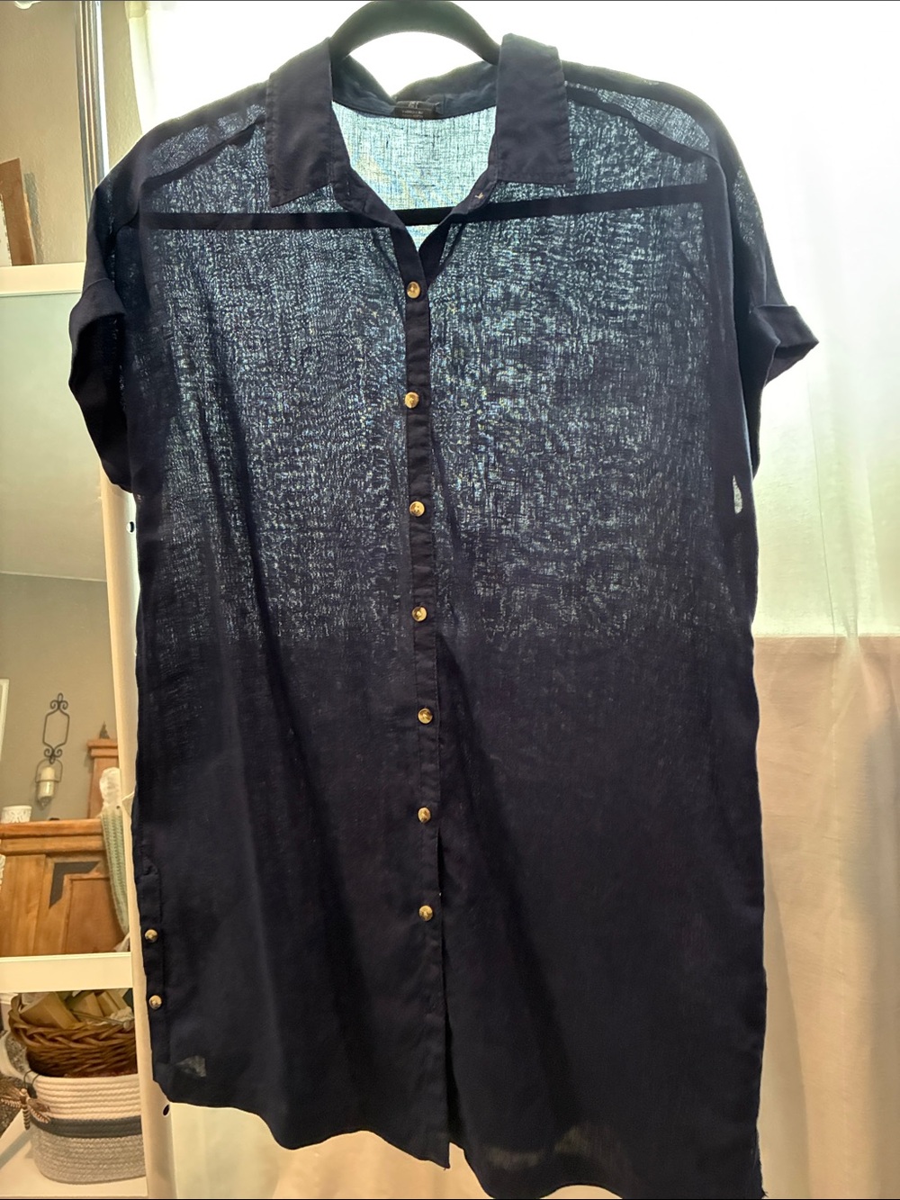 Nicole Miller Navy Sheer Short-Sleeve Button-Down Shirt